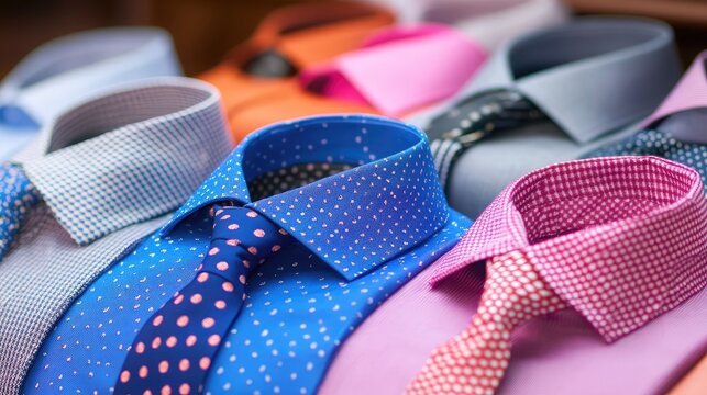 Close-up of neatly pressed dress shirt collars and folded suit jackets arranged by color