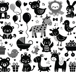 Funny cartoon farm animals seamless pattern with cute pets and monsters