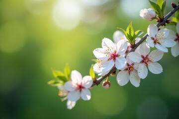 Fototapeta premium branch of cherry tree with blossoms in green foliage, forest, outdoors, nature scene
