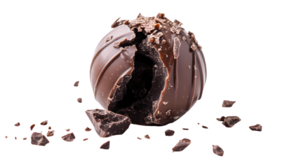 A single chocolate truffle with a bite taken out of it on a black background with chocolate pieces around isolated on transparent background