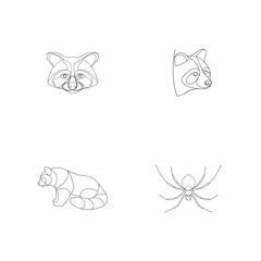 Minimalist animal outlines set featuring raccoon head bear spider and line art design