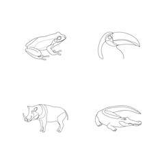 Outlined illustrations of frog toucan warthog and crocodile on white background