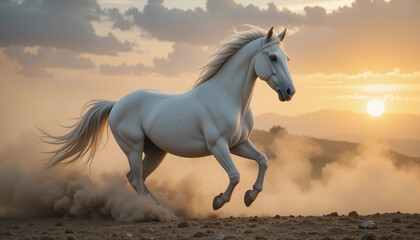 Majestic Stallion in Dramatic Dusk: A pristine white stallion gallops across a dusty terrain bathed in the warm light of the setting sun, evoking a sense of freedom and untamed spirit.