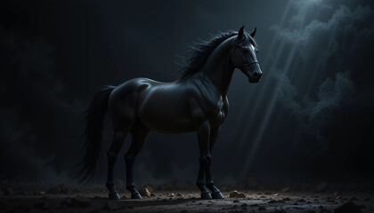 Fototapeta premium Majestic Black Horse in Dramatic Light: A powerful black horse stands poised, illuminated by a dramatic spotlight piercing through the shadows, exuding strength and grace.