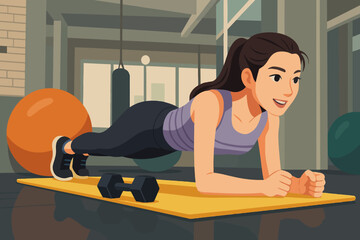 The illustration shows a young woman exercising in a gym. She is performing a plank on a yellow exercise mat, smiling and maintaining a strong form. She wears a purple tank top, black leggings