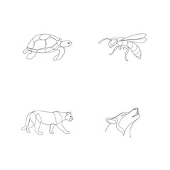 Minimalist line art illustration of a turtle bee puma and wolf on white background