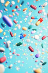 Pharmaceutical-themed vertical image of pills levitating against blue background, conveying care, health management, and prevention