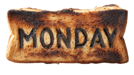 Slice of burnt toast with the word monday etched into it, isolated on a transparent background, representing the dreadful start to the work week