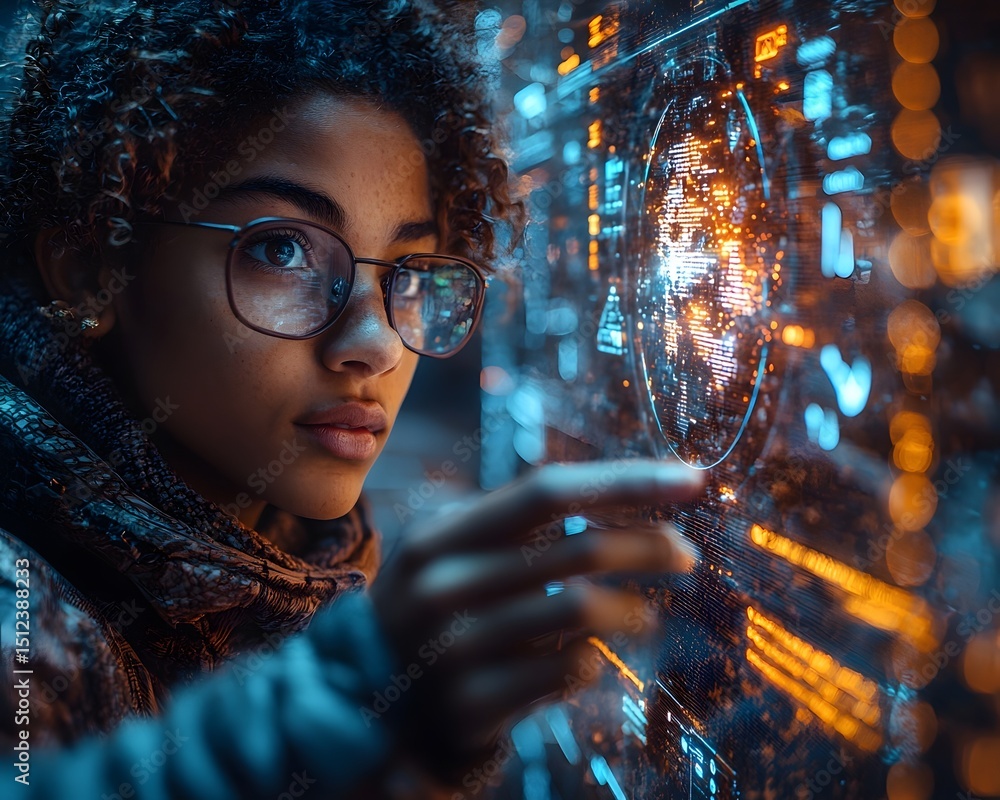 Poster futuristic student in a smart classroom interacting with a holographic display