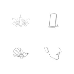 Minimalist line art illustrations featuring candle sign seascape and male face outline