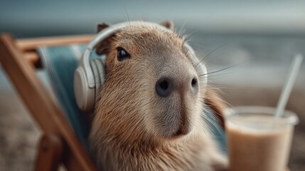 A capybara lounges comfortably on a beach chair, adorned with headphones. It sips a refreshing drink while soaking up the sun by the water's edge, creating a relaxed vacation vibe