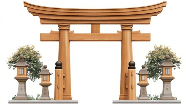 Traditional Japanese Torii Gate Illustration with Stone Lanterns and Greenery