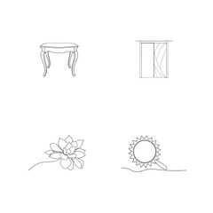 Elegant linear illustrations of furniture, floral elements, and a sun on a clean white background