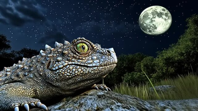 Enigmatic armored lizard basking in moonlit serenity, fantasy nocturnal scene