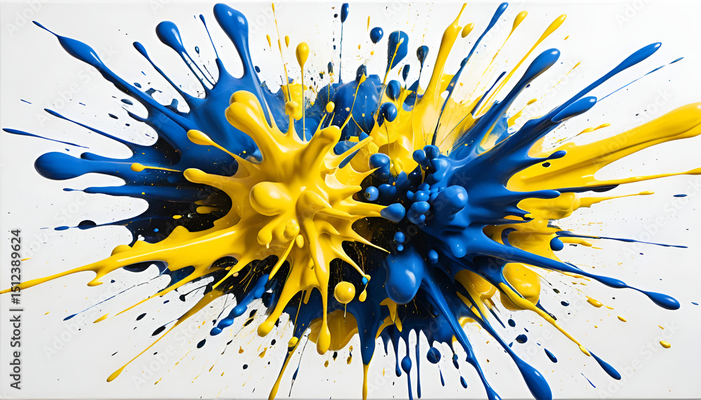 Poster dynamic collision of vibrant yellow and blue paint splatters creating an abstract explosion