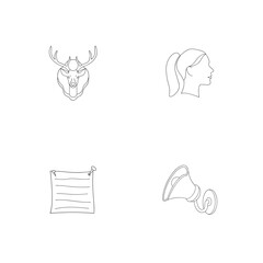 Collection of simple line art illustrations depicting deer head woman silhouette notepaper and megaphone