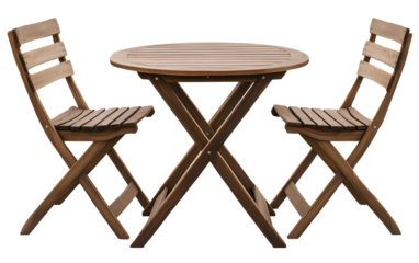Wooden outdoor table and chairs isolated on a transparent background.