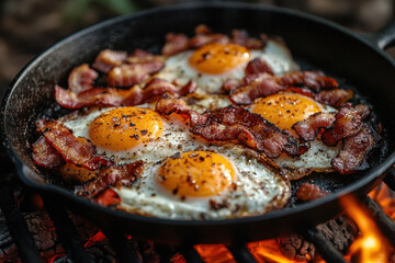 Bacon and eggs sizzling in a skillet.