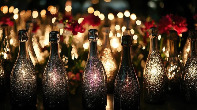 Table centerpiece made of champagne bottles, flowers, and glitter for a grand celebration - Powered by Adobe