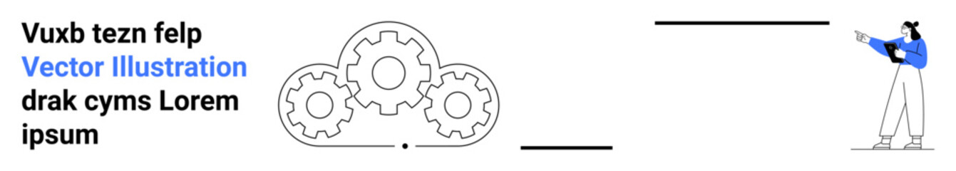 Three interlocking gears representing collaboration and processes, person in business attire pointing towards gears. Ideal for teamwork, efficiency, strategy, innovation, guidance, planning, simple
