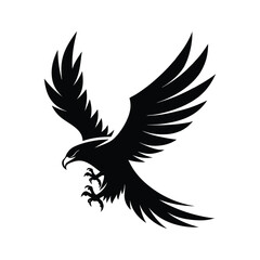 Fototapeta premium Black silhouette of flying eagle in attack mode with spread wings, perfect for vintage badges, emblems, American symbols, and wildlife logo design.