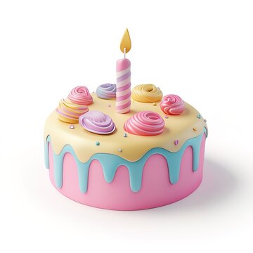 Naklejki 3D style illustration of birthday cake in pastel colors with whipped cream and burning candle isolated on white background. Great for holiday projects, seasonal illustrations and event branding
