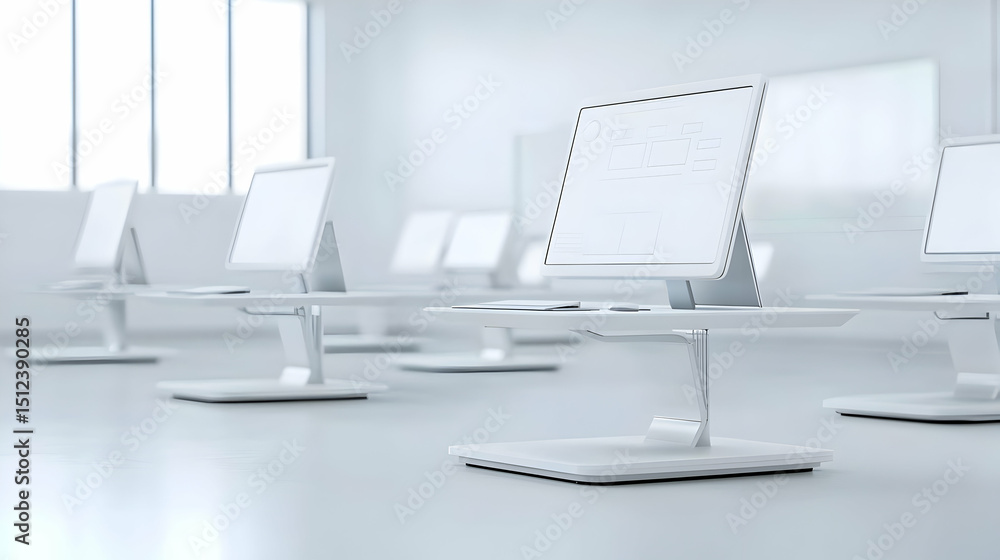 Poster modern empty classroom with white computers and desks