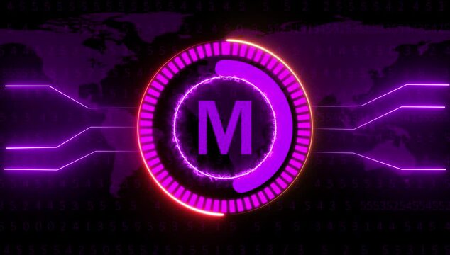Digital letter M pink colors with Futuristic Global Technology Network Background.