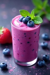 Close-up of vibrant blueberry smoothie with fresh blueberries , food, vitamins
