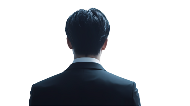 Back view of a man in a suit with short dark hair and a white collar against a black background isolated on transparent background - Powered by Adobe