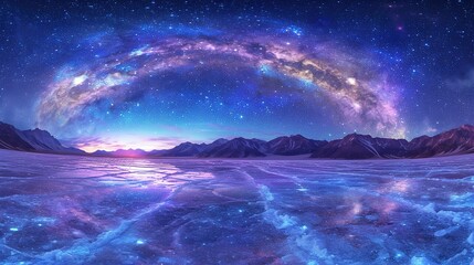 Crystallized salt flats mirroring Milky Way core, gypsum flowers growing toward gamma-ray burst azimuth, long-exposure geology effect, electric violet veins in cracked crust