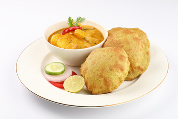 Puri with potato curry served with salad