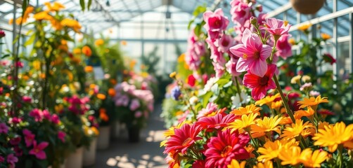 Fototapeta premium Vibrant blooms burst forth in a sunlit greenhouse, indoor, floral