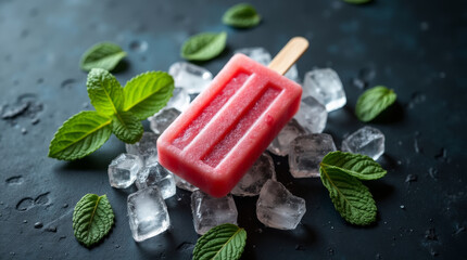 Red fruit popsicle on a stick with mint leaves and ice cubes on a black stone background