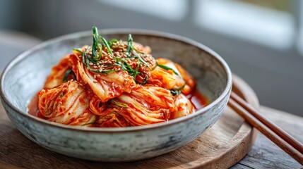 A beautifully ceramic bowl of freshly made kimchi, placed on a rustic wooden table. A pair of wooden chopsticks rests beside the bowl.