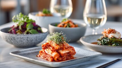 A contemporary tabletop set with a small square plate of kimchi as the focal point, surrounded by complementary Korean side dishes (banchan) in stylish ceramic dishes.
