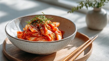 A beautifully ceramic bowl of freshly made kimchi, placed on a rustic wooden table. A pair of wooden chopsticks rests beside the bowl.