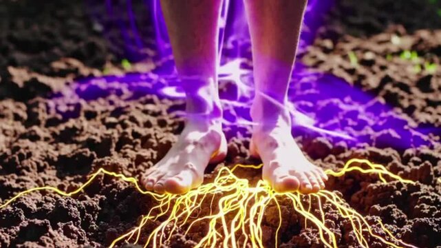 A person's feet are on top of a plant with yellow roots
