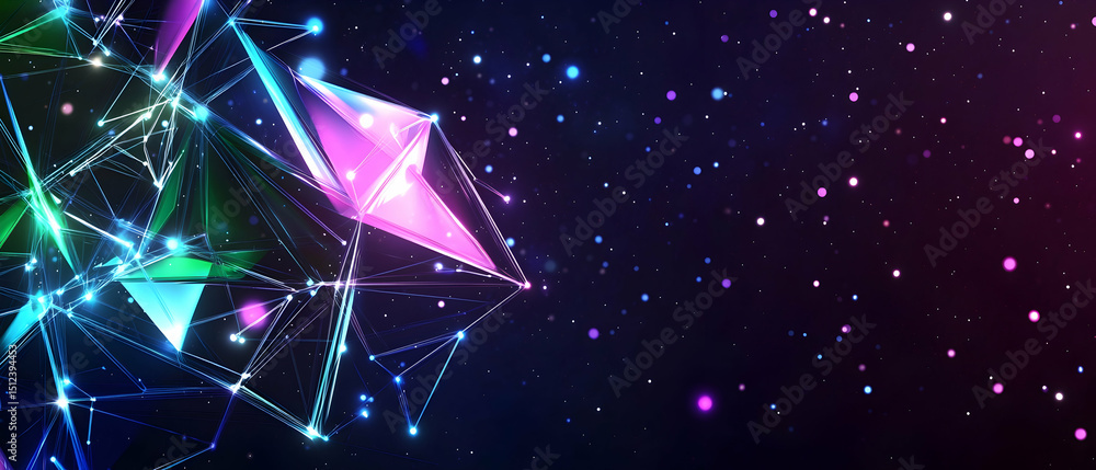 Poster abstract geometric shapes with neon lights and glowing triangles in dark background