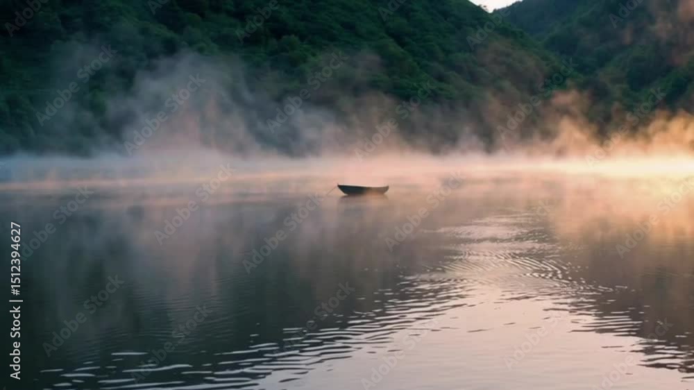 Poster a boat is floating on a lake with fog in the background