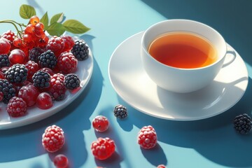 Fresh berries and steaming tea arranged on a vibrant blue background for an inviting culinary layout