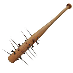 3D rendered wooden bat weapon with nails isolated on transparent background 