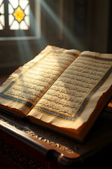 Ayat-ul-Kursi in Gold Thuluth Calligraphy on Aged Parchment: Illuminated Manuscript with Islimi Margins and Sunlit Rahle Display