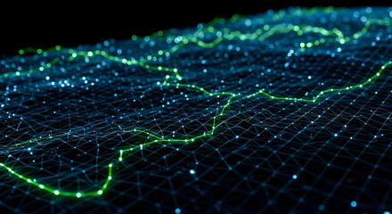 Obraz premium Abstract Digital Landscape Glowing Lines and Nodes in Dark Space