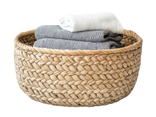 Cozy Woven Basket of Towels: A charming basket filled with soft towels, evoking a sense of warmth and comfort in a modern setting, perfect for adding a touch of relaxed elegance to home decor.