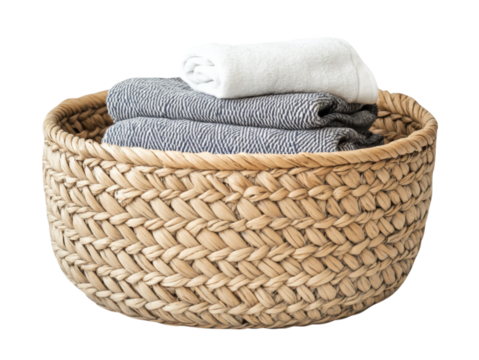 Cozy Woven Basket of Towels: A charming basket filled with soft towels, evoking a sense of warmth and comfort in a modern setting, perfect for adding a touch of relaxed elegance to home decor.