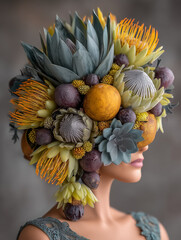  A surreal portrait of a woman with a headdress made entirely of exotic flowers and succulents.