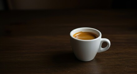 Fototapeta premium Minimalist Espresso Shot in White Ceramic Cup on Wooden Table with Moody Lighting