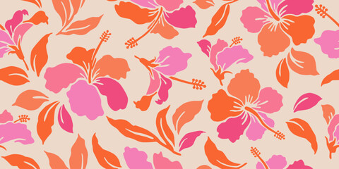 Exotic hand drawn tropical flowers print, seamless summer floral pattern for fabric, textiles, clothing, packaging, cover, banner, home decor, hawaiian backgrounds. Vector illustration.