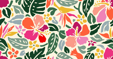 Exotic hand drawn tropical flowers print, seamless summer floral pattern for fabric, textiles, clothing, packaging, cover, banner, home decor, hawaiian backgrounds. Vector illustration.